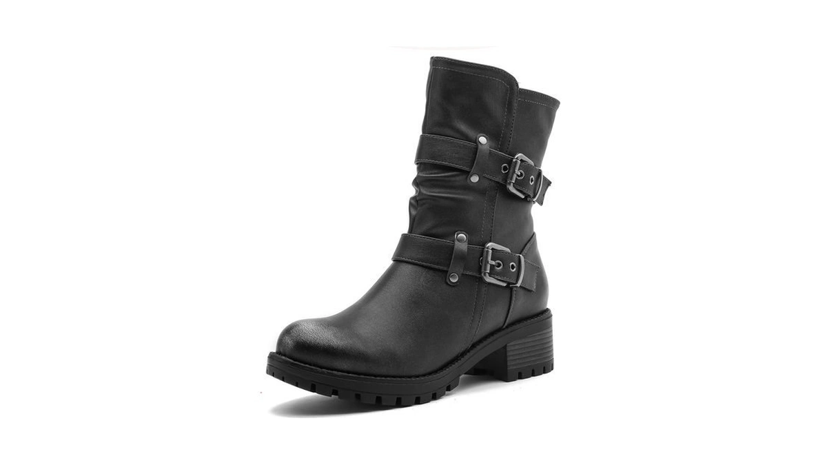 Globalwin Black Combat Boots Women Ankle Biker Boots Distressed Silver