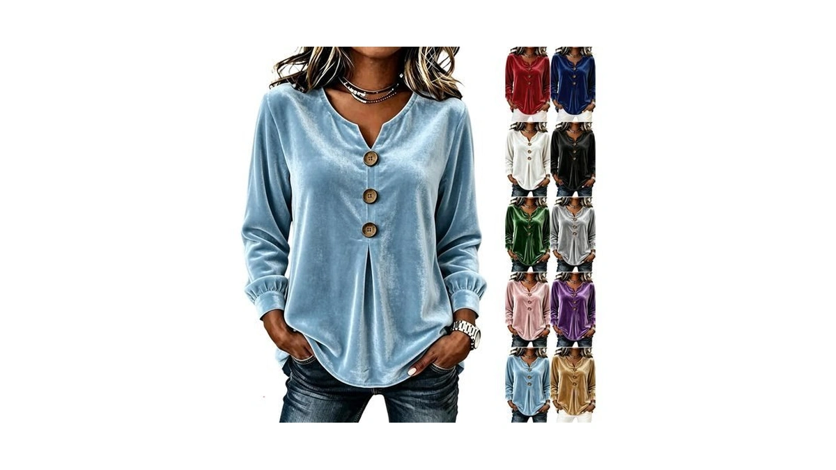 Women's Velour Top Loose Fit Button Balloon Sleeve Long Sleeve