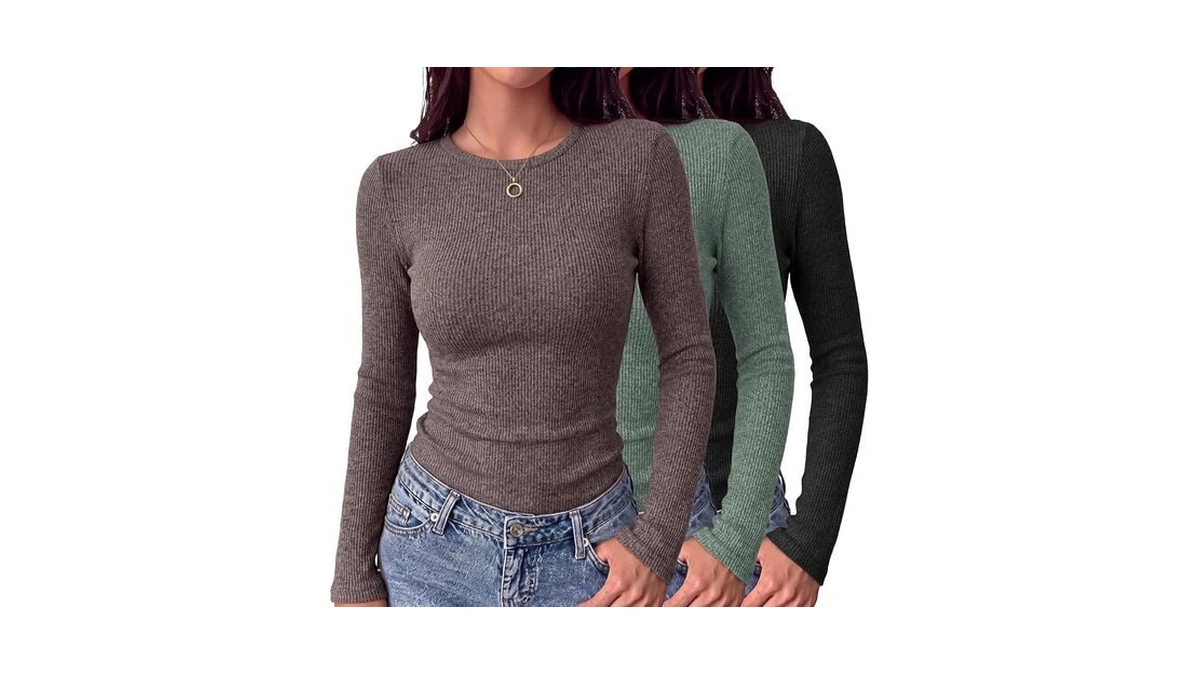 Ekouaer Womens Long Sleeve Shirts 3 Pack Ribbed Fitted Thermal