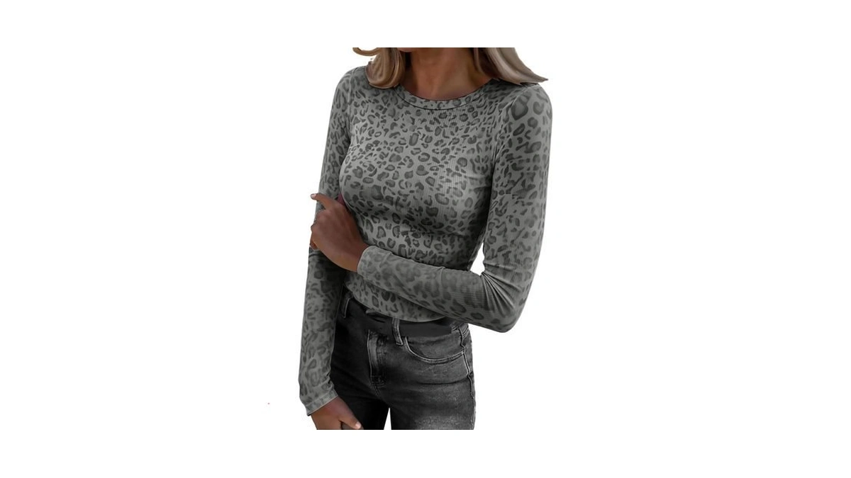 Long Sleeve Shirts For Women Slim Fit Leopard Print Crewneck