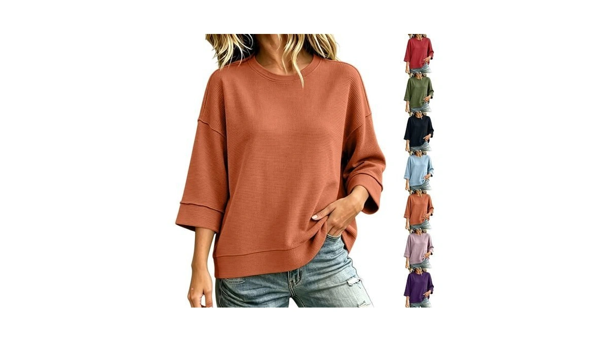 Womens 3/4 Sleeve Tops Waffle Knit Crew Neck Loose Fit