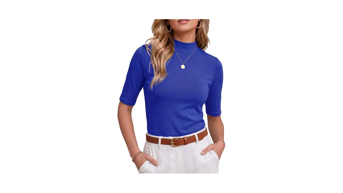 Prinstory Womens Top Mock Neck Dressy Casual Shirts Slim Fit