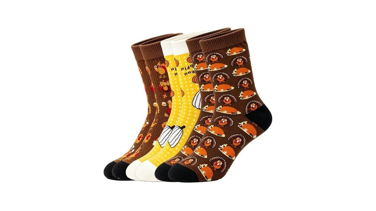 Qdl Thanksgiving Turkey Pumpkin Socks, 3 Pairs Men Women Mid