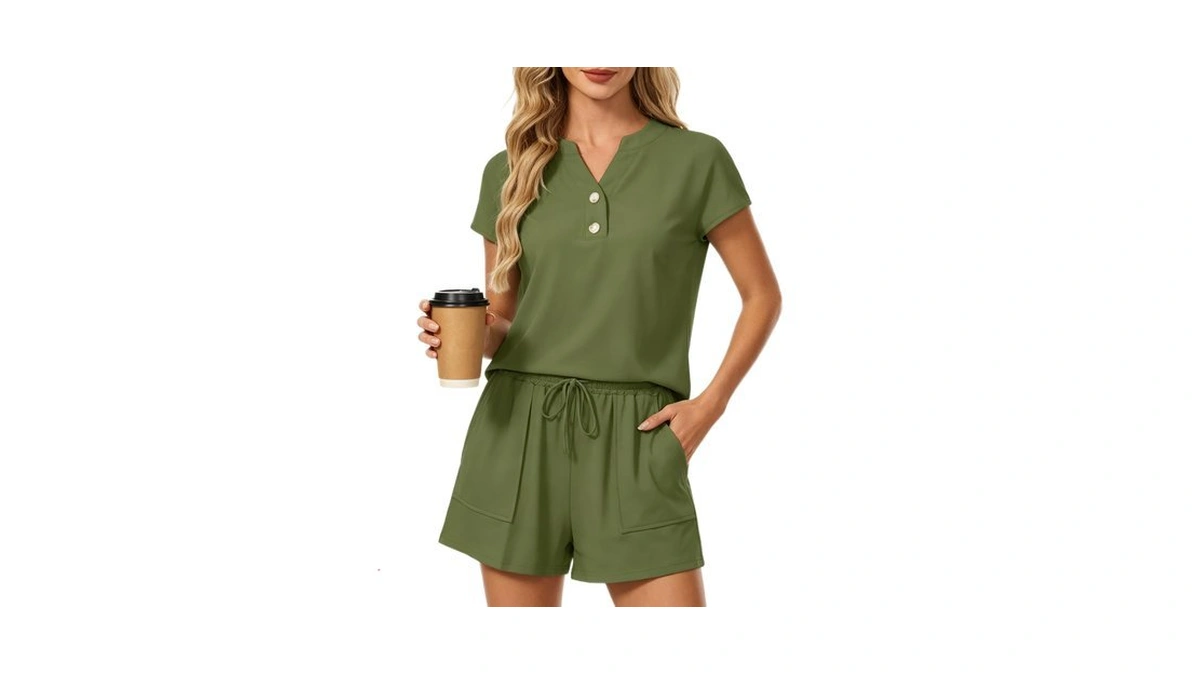 Womens 2 Piece Summer Outfits Henley Top Pocket Shorts Loungewear