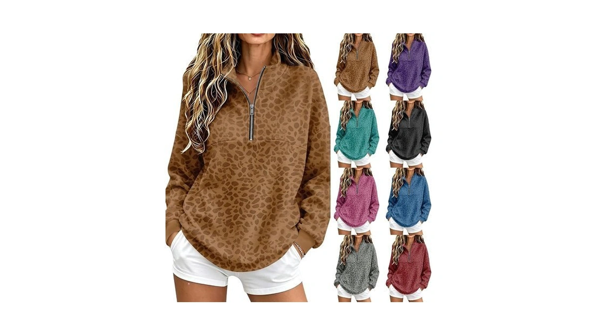 Womens Quarter Zip Pullover Leopard Print Preppy Cute Casual Running