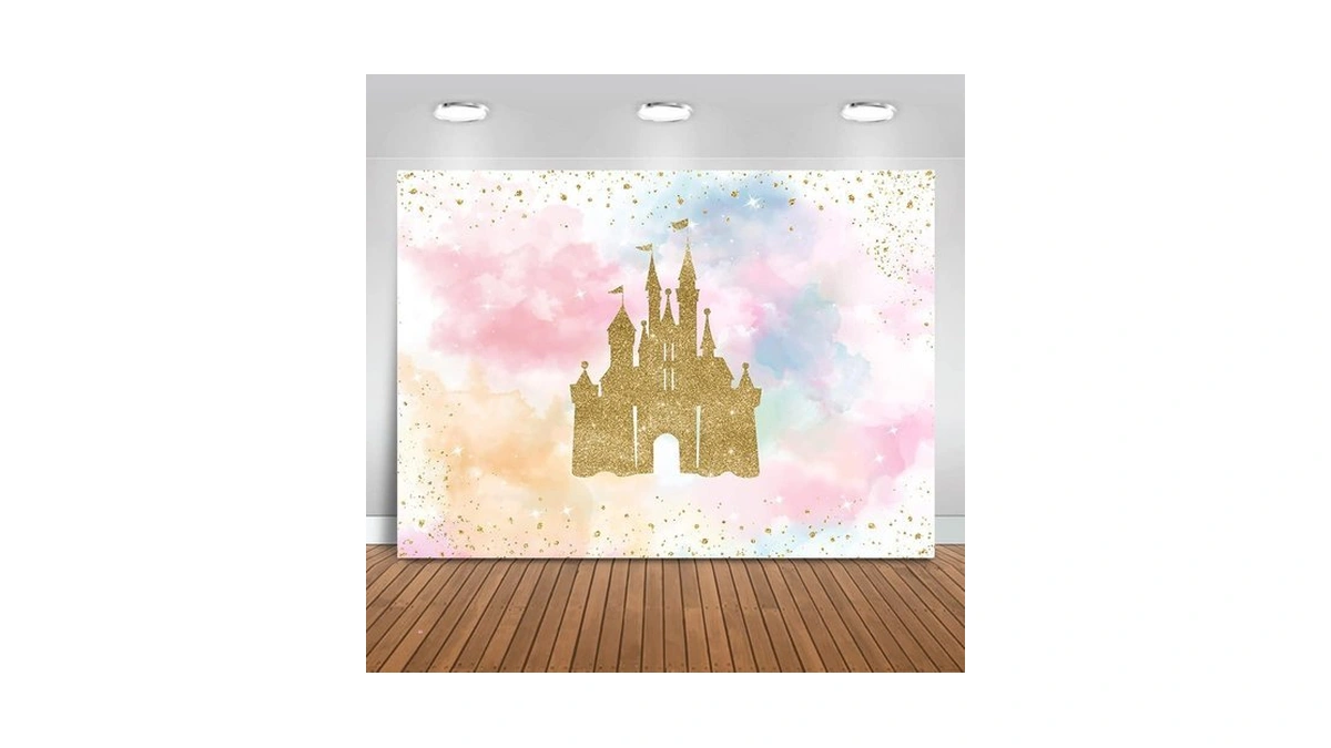 Mocsicka Princess Castle Birthday Backdrop Watercolor Pastel Rainbow Birthday Background