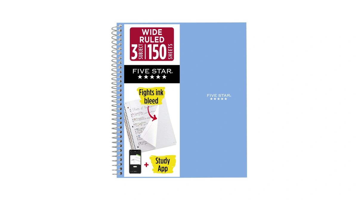 Five Star Spiral Notebook + Study App, 3 Subject, Wide