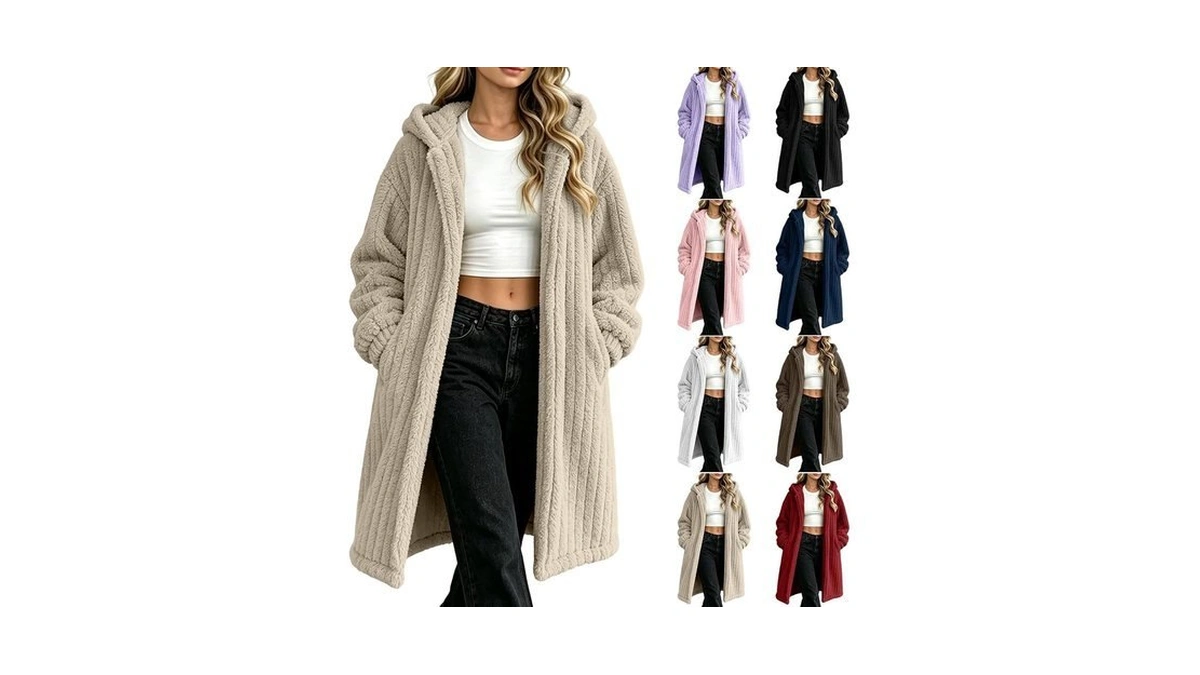 Terghtp Womens Fleece Jacket Sherpa Hooded Open Front Winter Long
