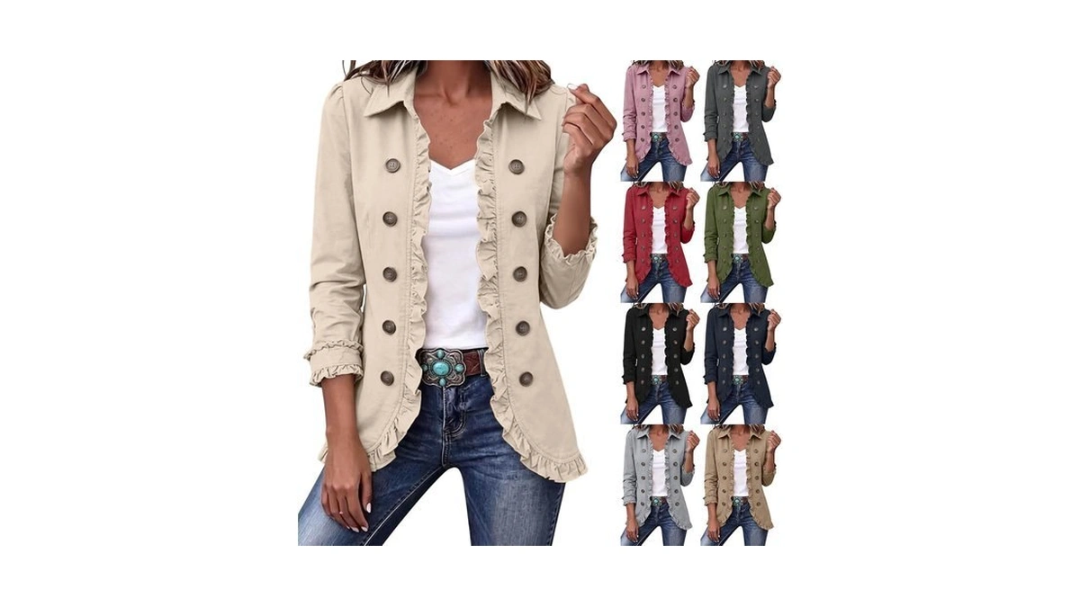 Kreyvox Women Ruffled Jacket Lapel Collar Open Front Button Cardigan