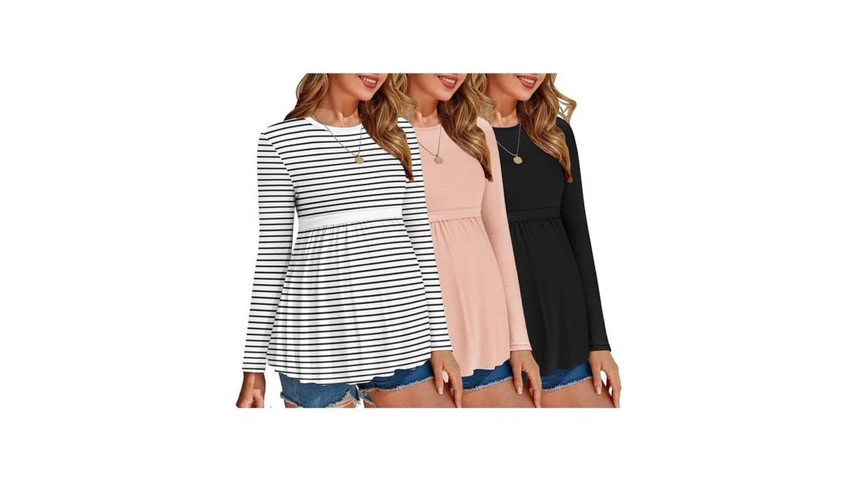 Ekouaer Maternity Shirts 3 Pack Pleated Long Sleeve Tops Pregnancy