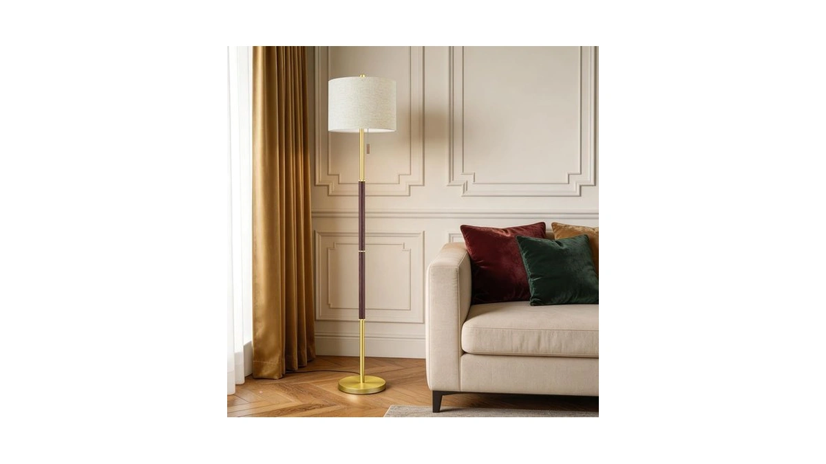 Walnut Gold Floor Lamp With 13.2" Linen Shade And 3