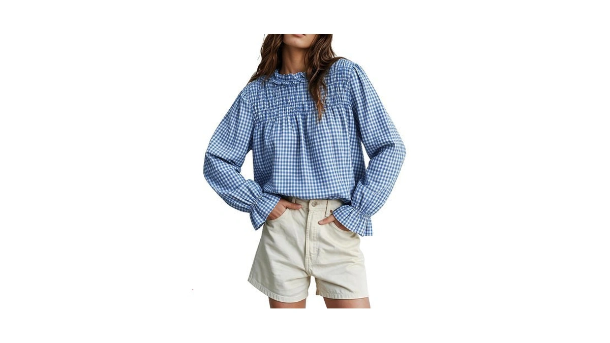 Totatuit Gingham Ruffle Collar Babydoll Top Long Puff Sleeve For