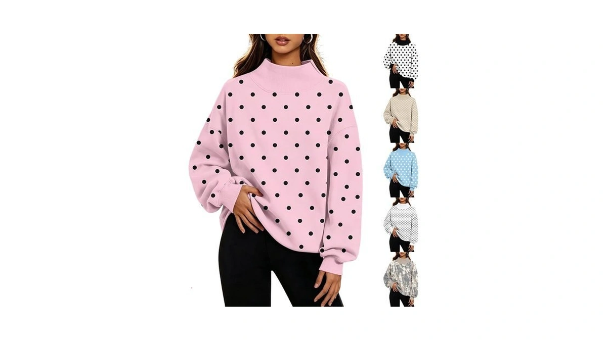 Women Polka Dot Sweatshirt Oversized Graphic Long Sleeve Mock Neck