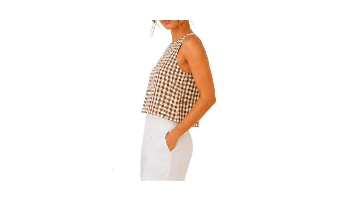 Brown Xs Gingham Tank Top Women Sleeveless Casual Summer Plaid