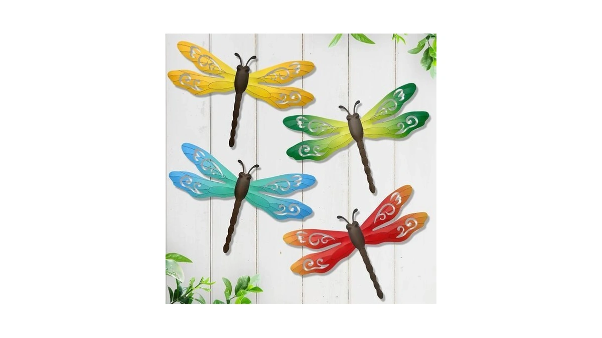 Eoorau 4 Pcs Metal Dragonfly Outdoor Wall Art Hanging Decor