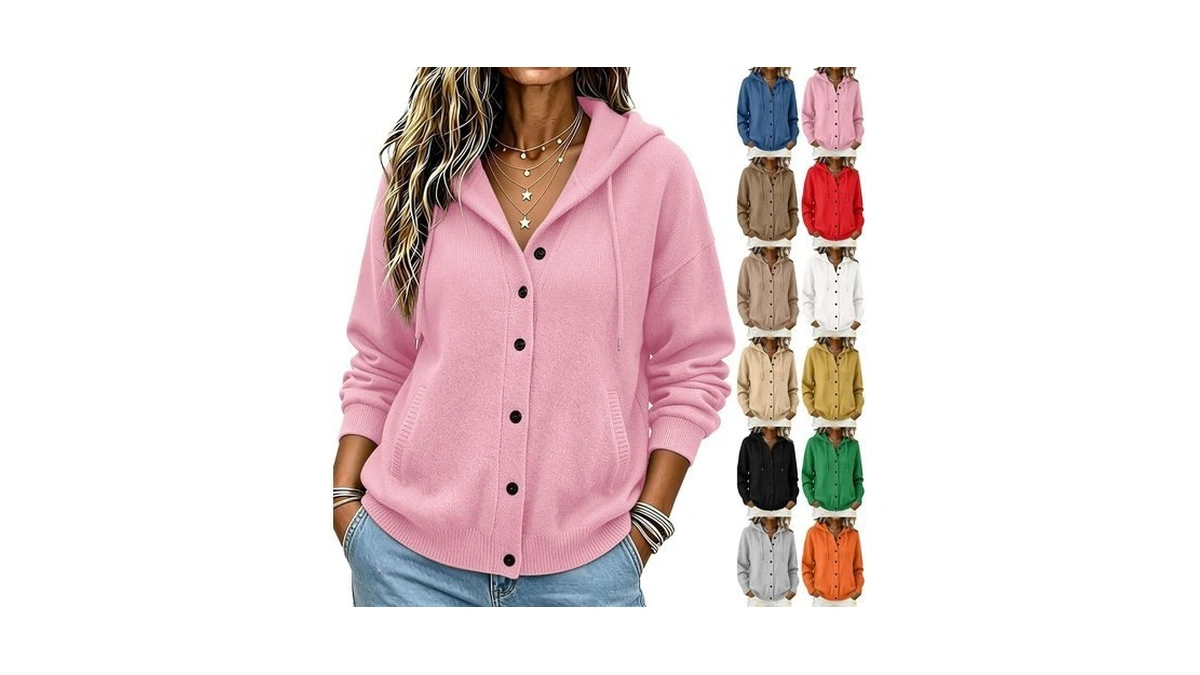 Pink Hooded Cardigan For Women Button Up Long Sleeve Cashmere