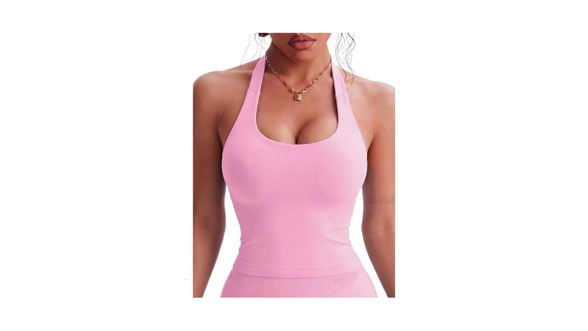 Seasum Women's Halter Workout Tank Top Built-in Sports Bra Open