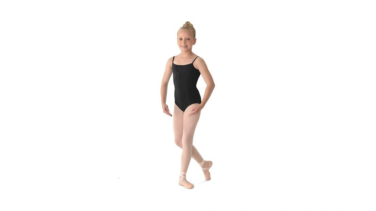 Mirella Girl's Princess Seam V-front Camisole Leotard, Black, 2-4