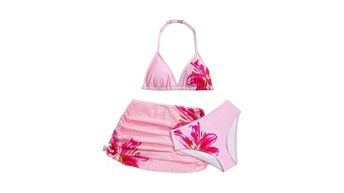 Milumia Girl's 3 Piece Floral Print Swimsuits Halter Triangle Bikini