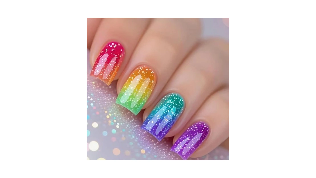 Rainbow Glitter Press On Nails, Short Square Fake Nails,colorful Gradient