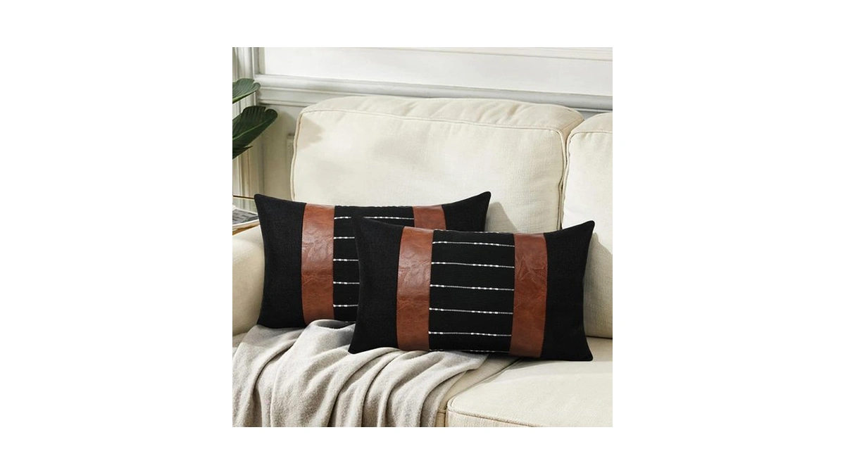 Faux Leather Patchwork Linen Lumbar Pillow Covers 12x20 Boho Decorative