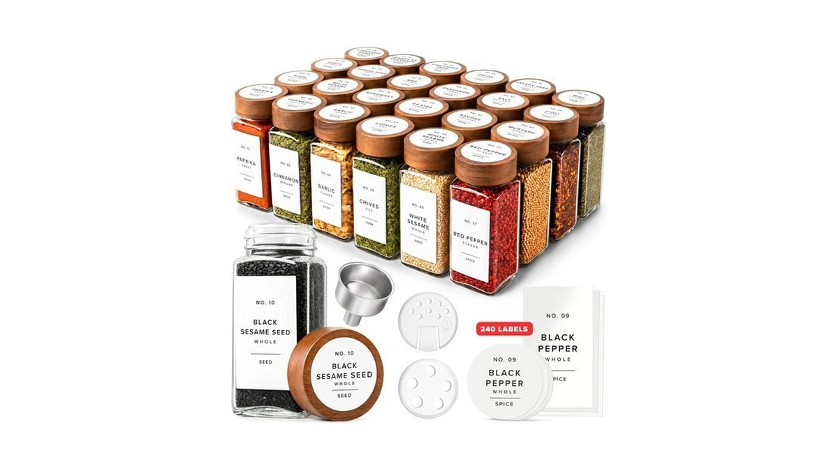 Edelhaus Glass Spice Jars With Label, 24x Acacia Wooden Lids