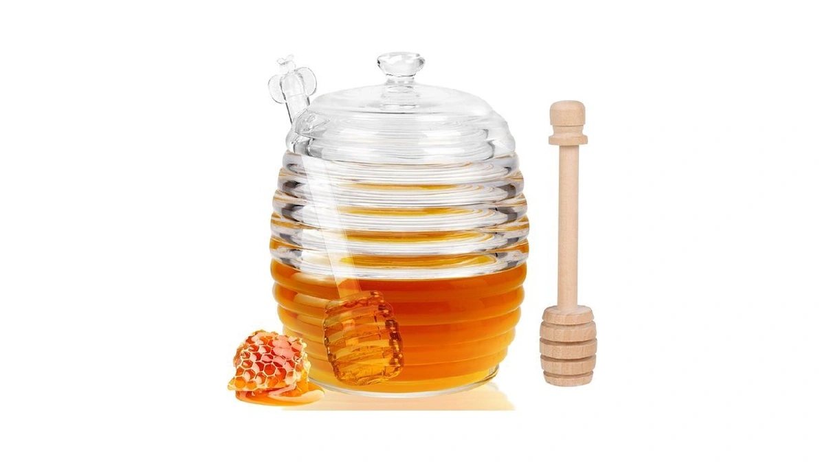 Loscarol Honey Jar With Dipper And Lid, 8 Oz Glass