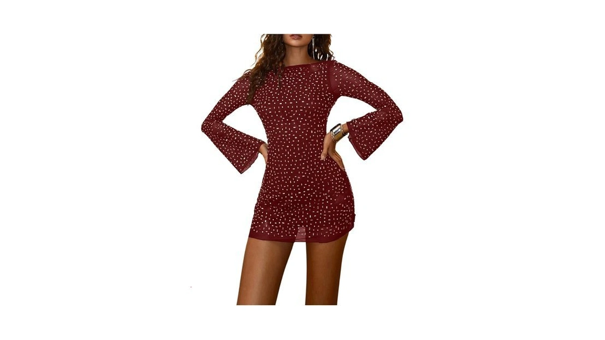 Wdirara Women's Sparkly Rhinestone Bodycon Dress Boat Neck Long Bell