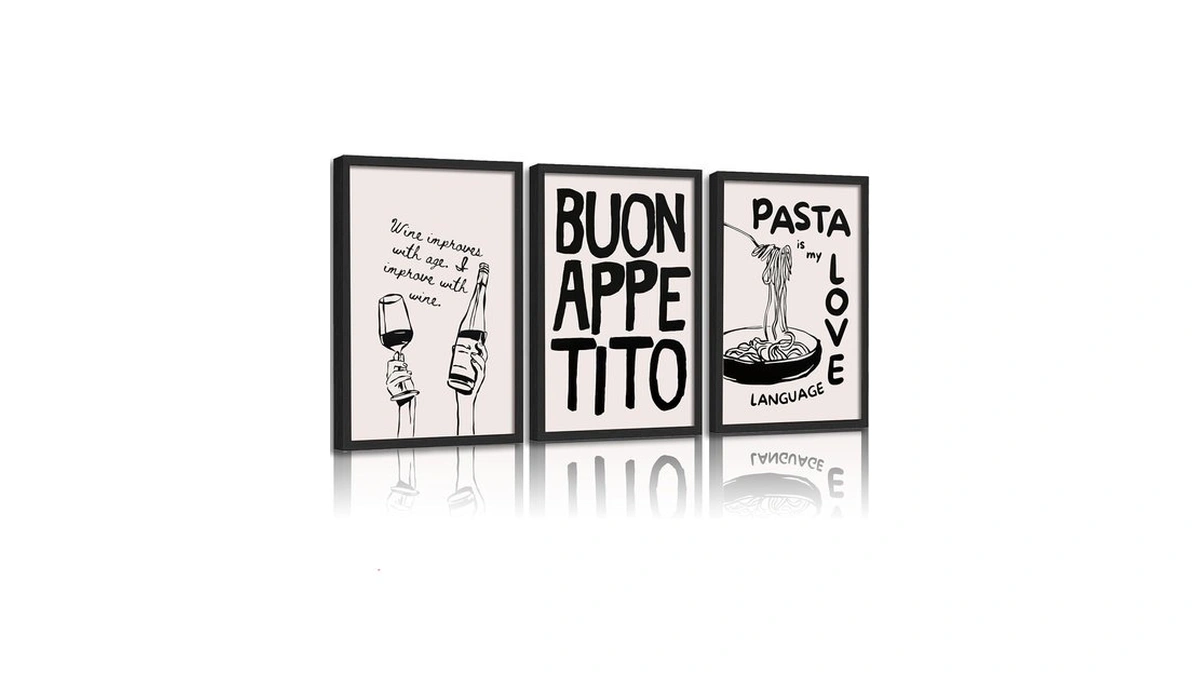 3pcs Vintage Kitchen Canvas Wall Art Funny Food Wine Pasta