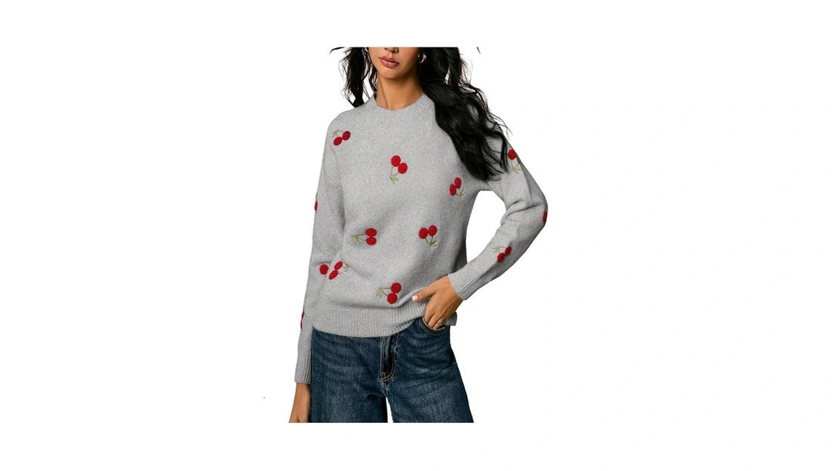 Makemechic Women's Cherry Embroidery Sweater Pullovers