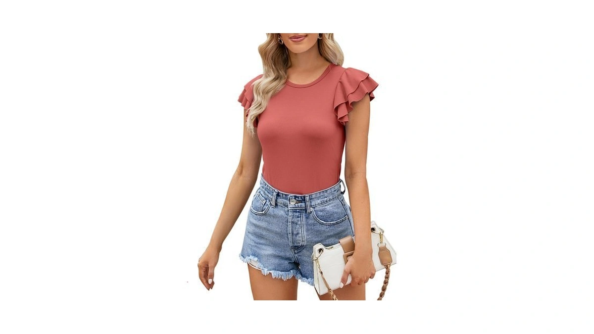 Binovisor Women's Crewneck Short Sleeve Ribbed Knit Thong Bodysuits Ruffles