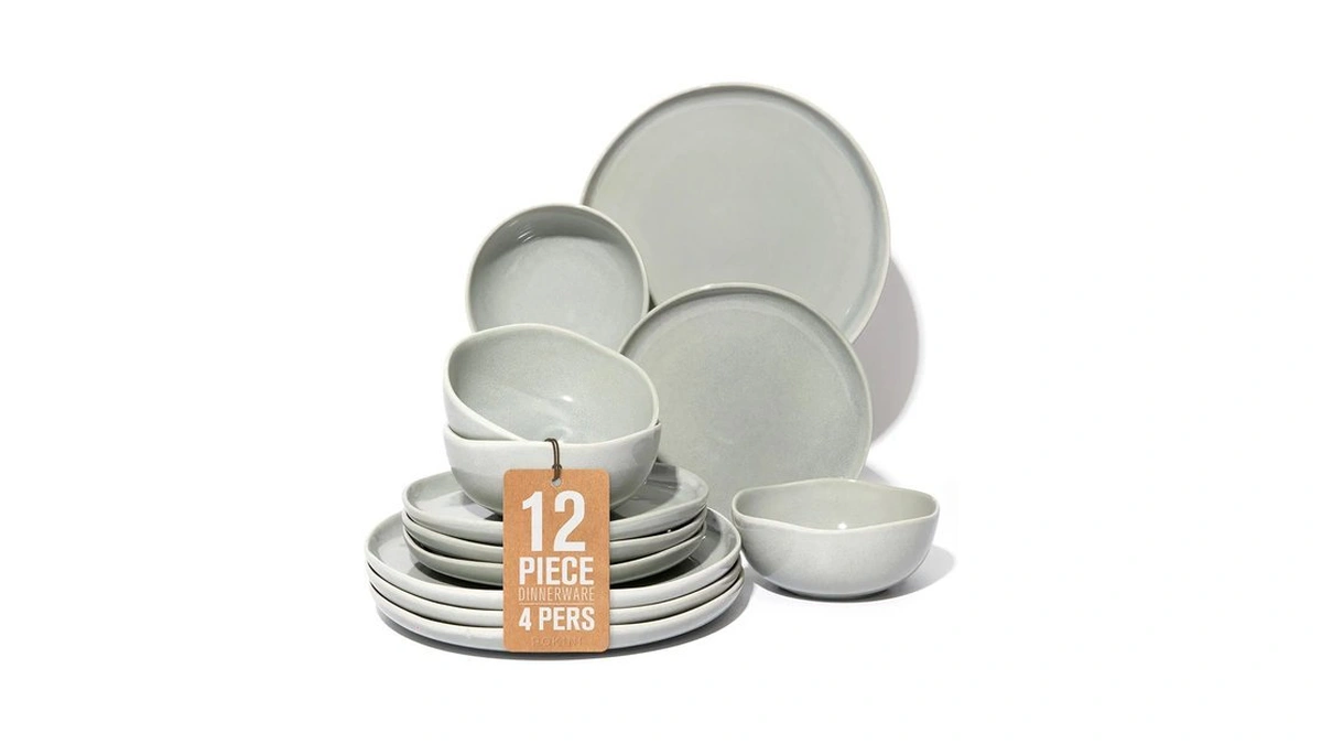 Pokini Stoneware Dinnerware Sets For 4, 12pcs Ceramic Plates And