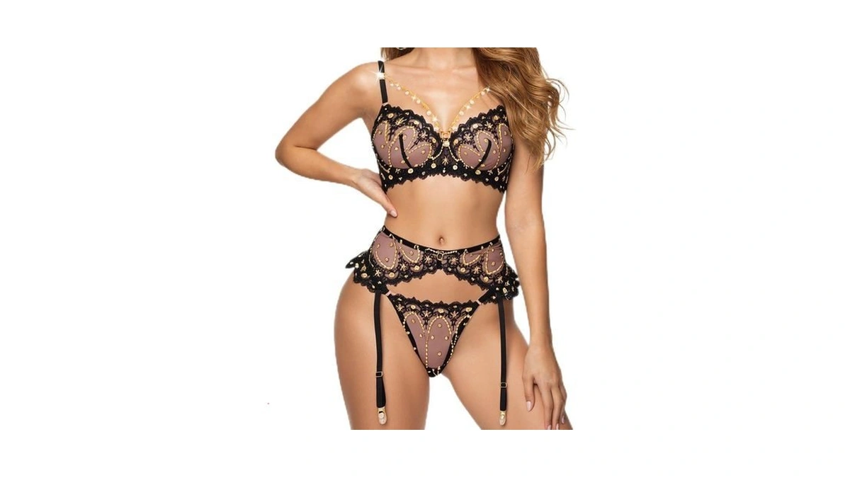 Hellolagirl Lingerie Set Floral Embroidery With Garter Belt (black, M)