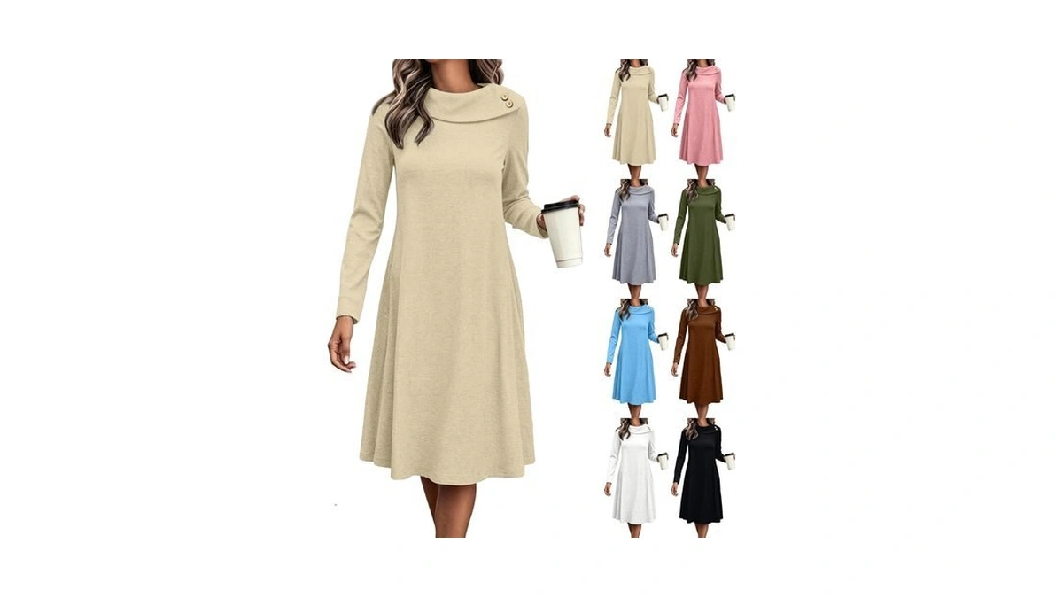 Women Fall Sweater Dress Long Sleeve Button Cowl Neck Midi