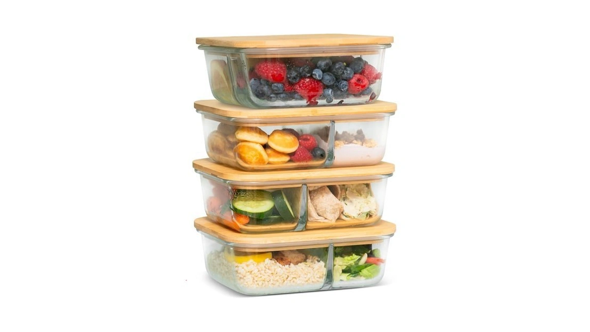 Crutello Glass Storage Containers With Bamboo Lids, 4 Pack, Meal