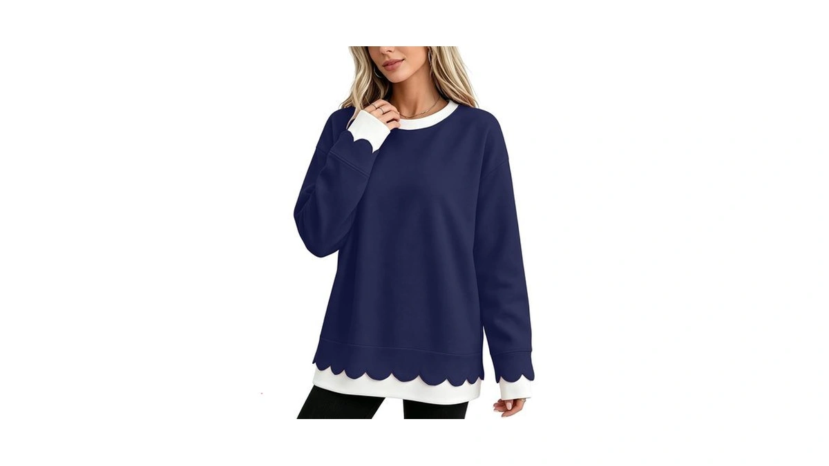Crew Neck Sweatshirts Women Oversized Cute Scalloped Layered Sweatshirt