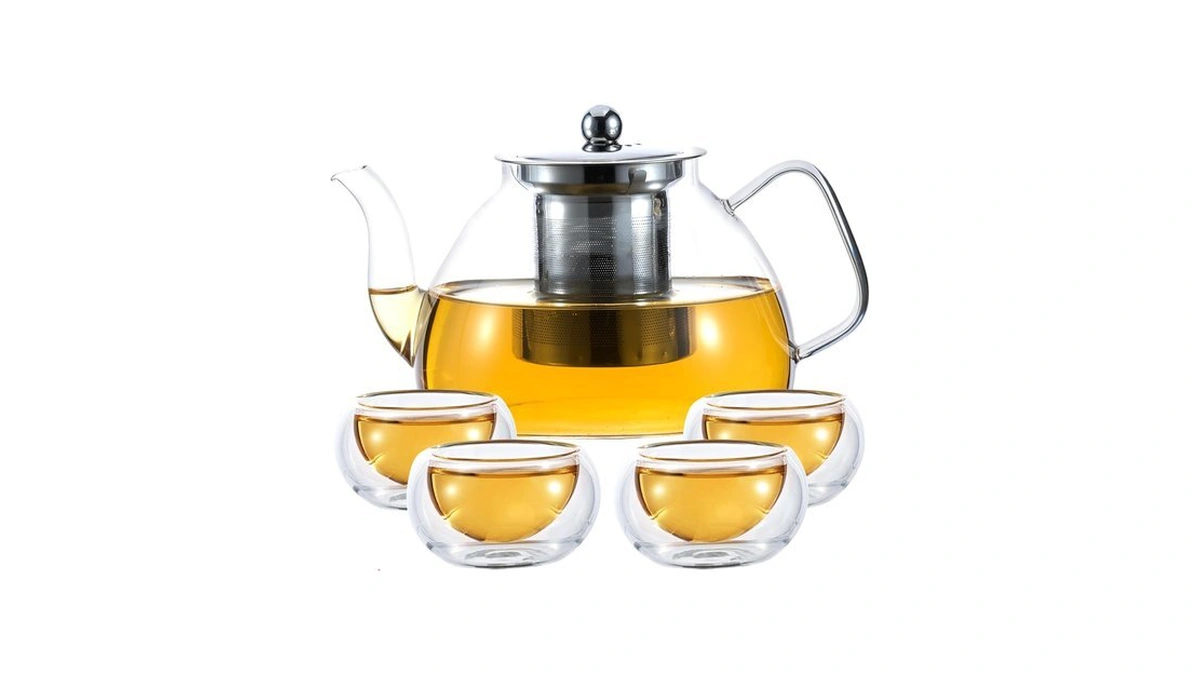 Glass Teapot With 4 Double Walled Teacups, Elegant Clear Tea