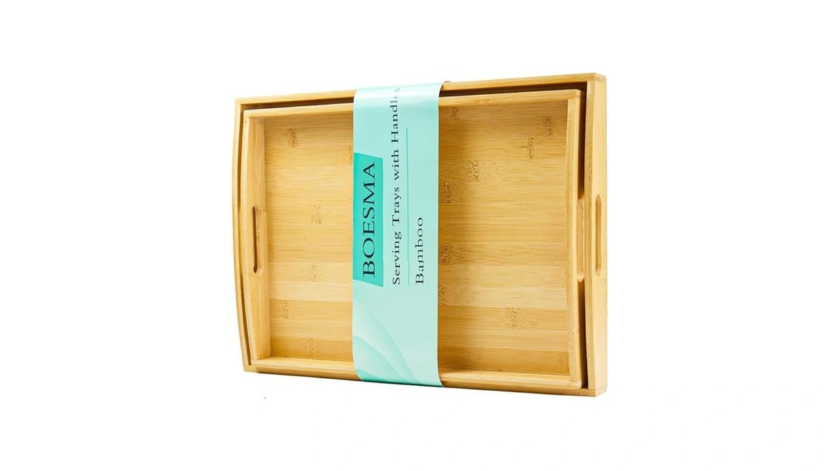 Boesma Set Of 2 Bamboo Serving Trays With Handles, Wooden