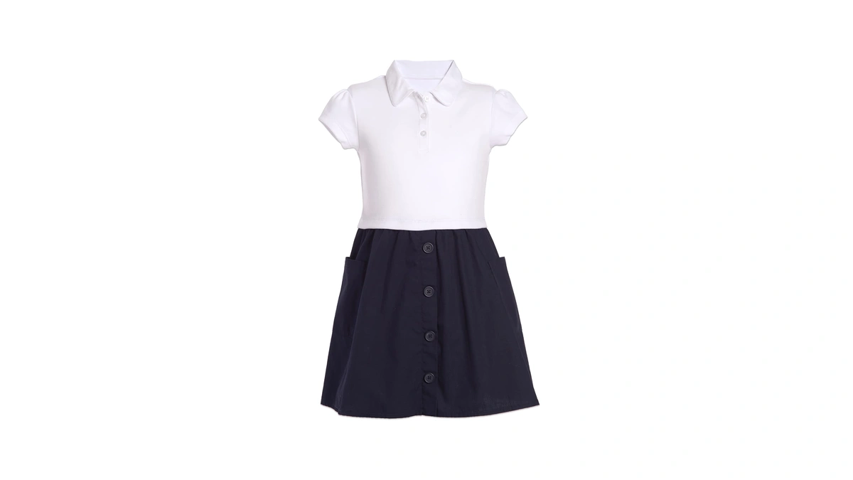 Nautica Girls School Uniform Short Sleeve Polo Dress, White/navy Poplin,
