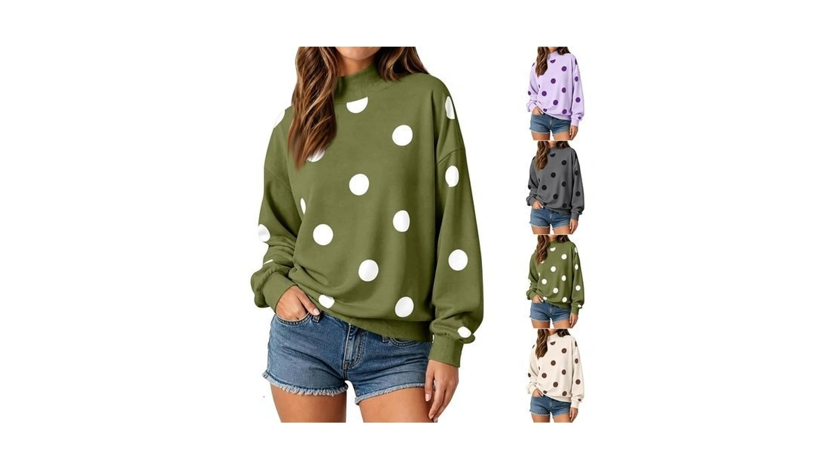 Womens Mock Neck Sweatshirt Polka Dot Loose Fit Cotton Long