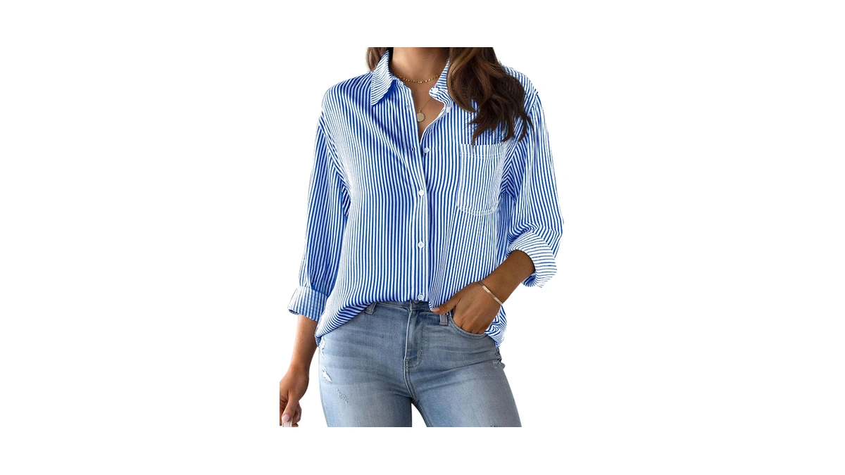 Cunlin Women's Striped Long Sleeve Button Down Shirt Royal Blue