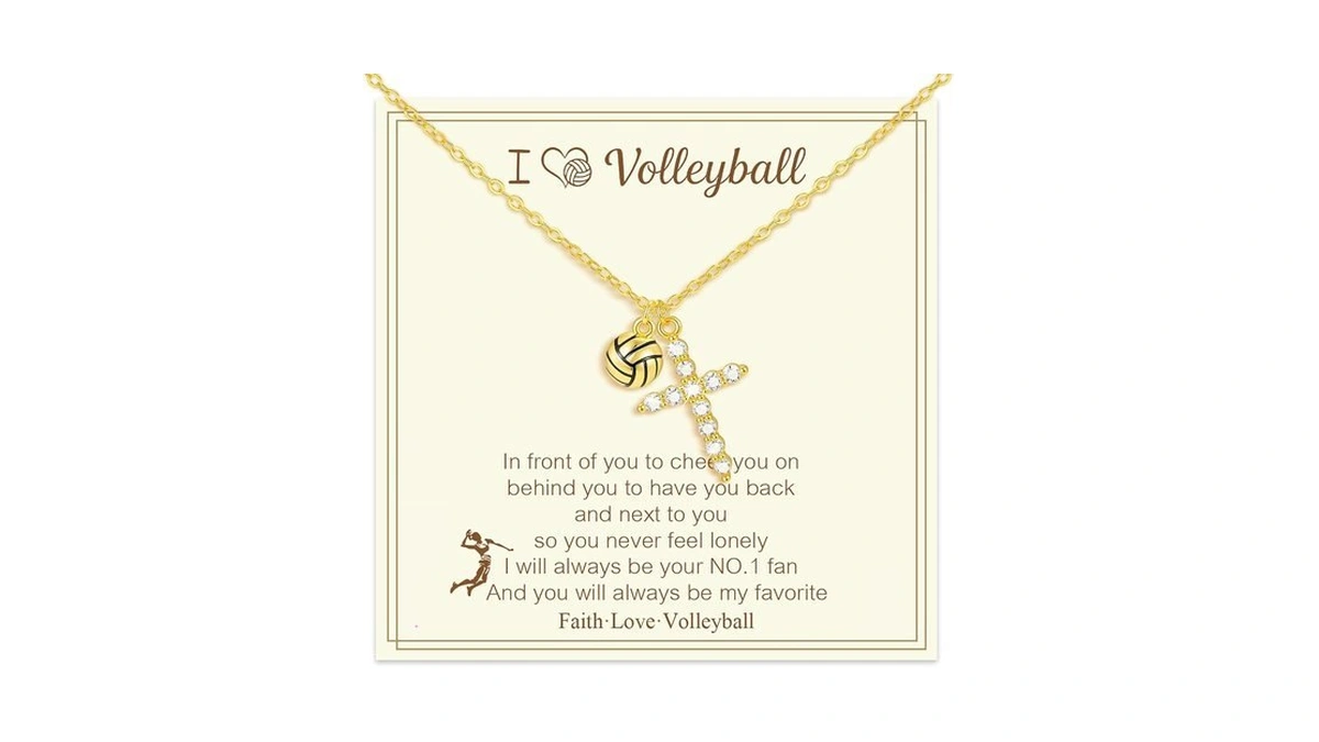 Volleyball Cross Necklace For Women, 14k Gold Plated Pendant With