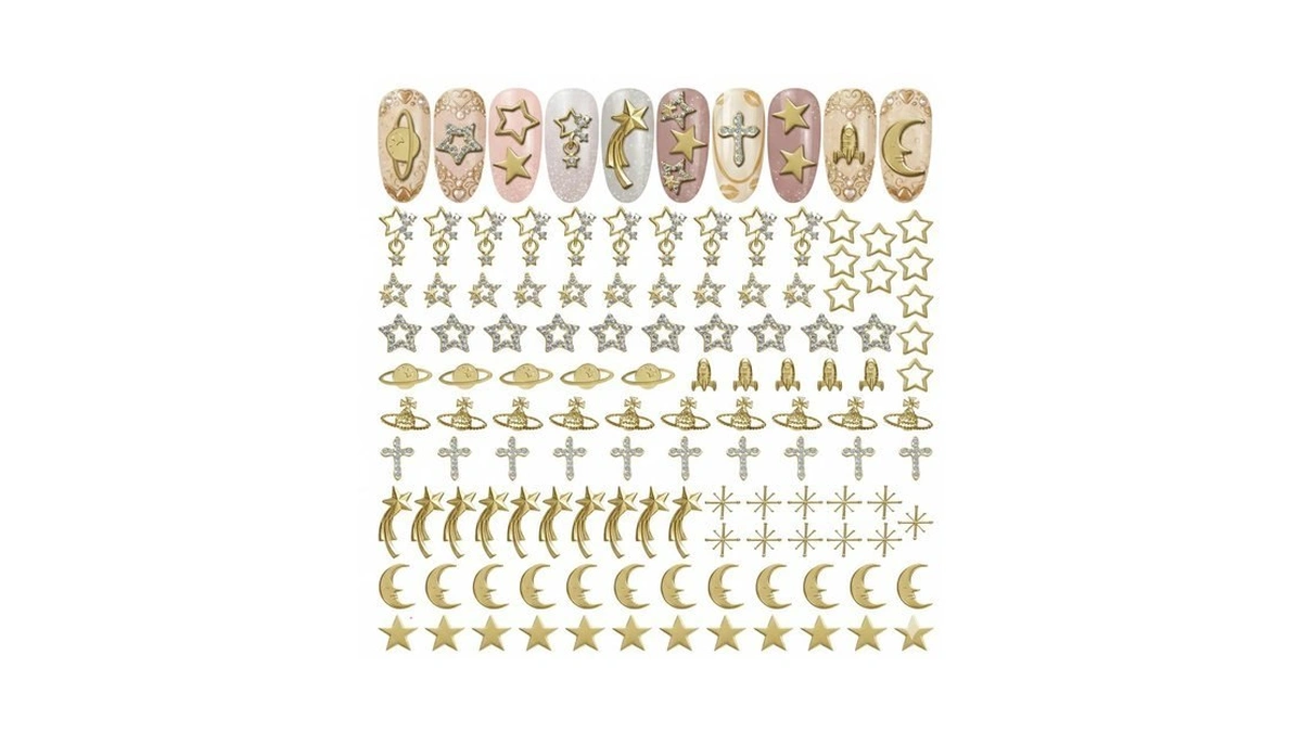 110 Pcs Gold Star Nail Charms, 12 Assorted Designs, Acrylic