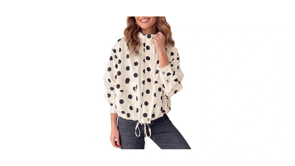 Fisoew Women Casual Cropped Jacket Polka Dot Zipper Up Oversized
