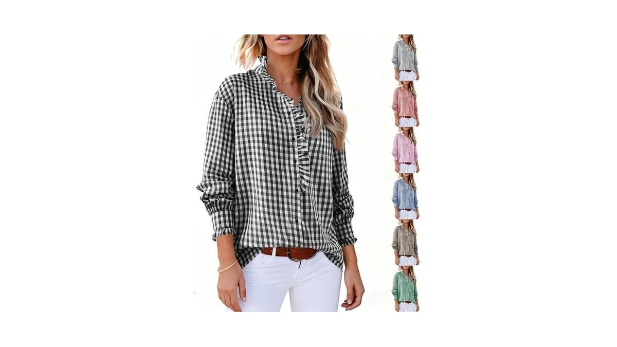 Womens Button Down Blouse Ruffle Neck Dressy Casual Plaid Shirt