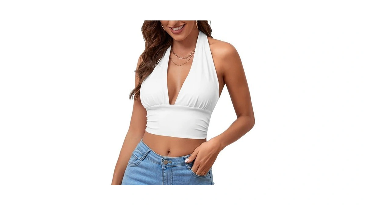 Rooscier Women's Halter Tie Back Crop Top Deep V Neck