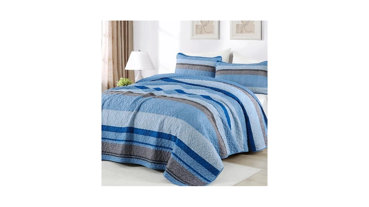 Dobuyly King Size Striped Quilt, Boho Blue Lightweight Bedspread Bedding