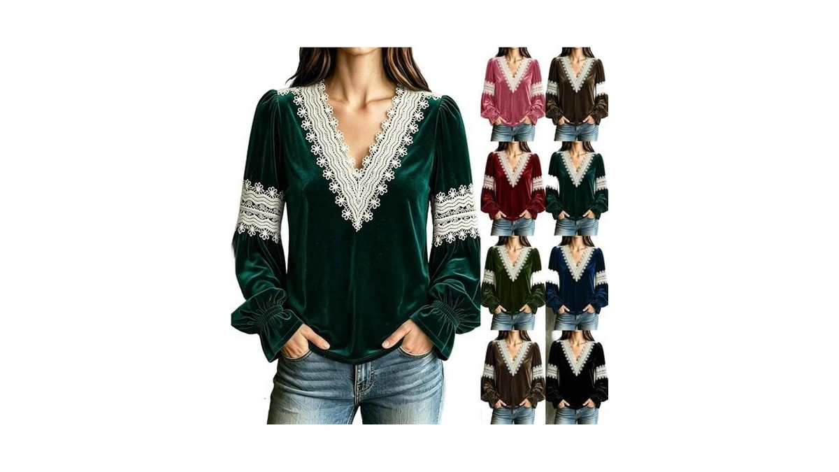 Ladies Tops Velvet Lantern Long Sleeve V Neck Lace Trim