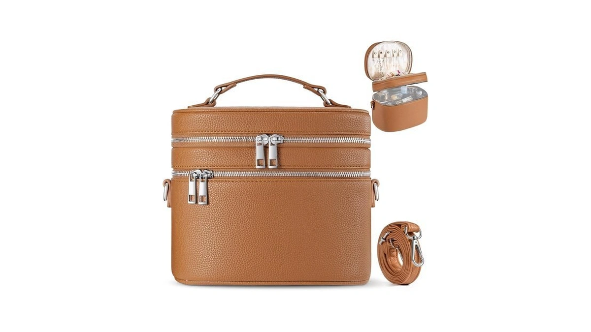Cysiyu Leather Makeup Bag Organizer Double Layer Vanity Bag Large