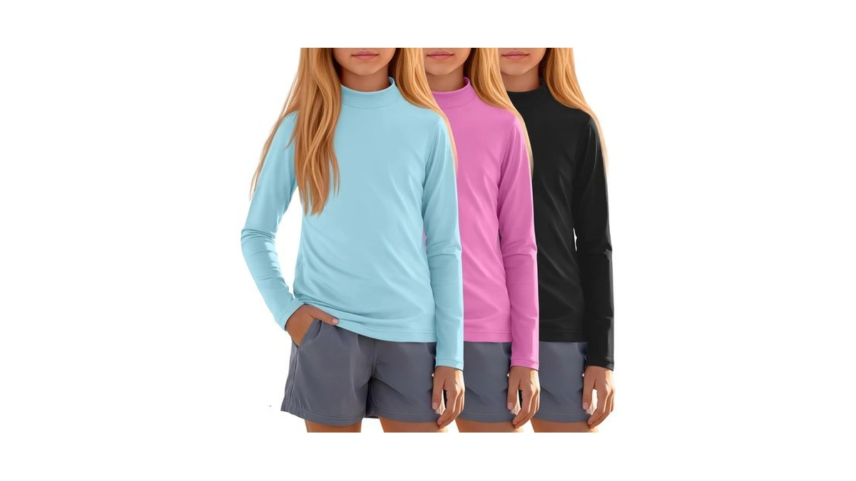 Xaatren 3 Pack Girls Rash Guard Swimwear Shirts, 3-color, 9-10